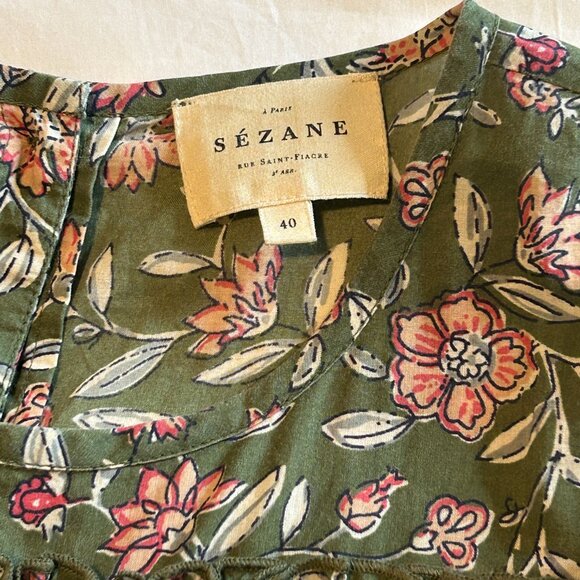 Sezane Melia Blouse - Size EU 40 (US 8), Olive Floral with Ruffles - Picture 5 of 7